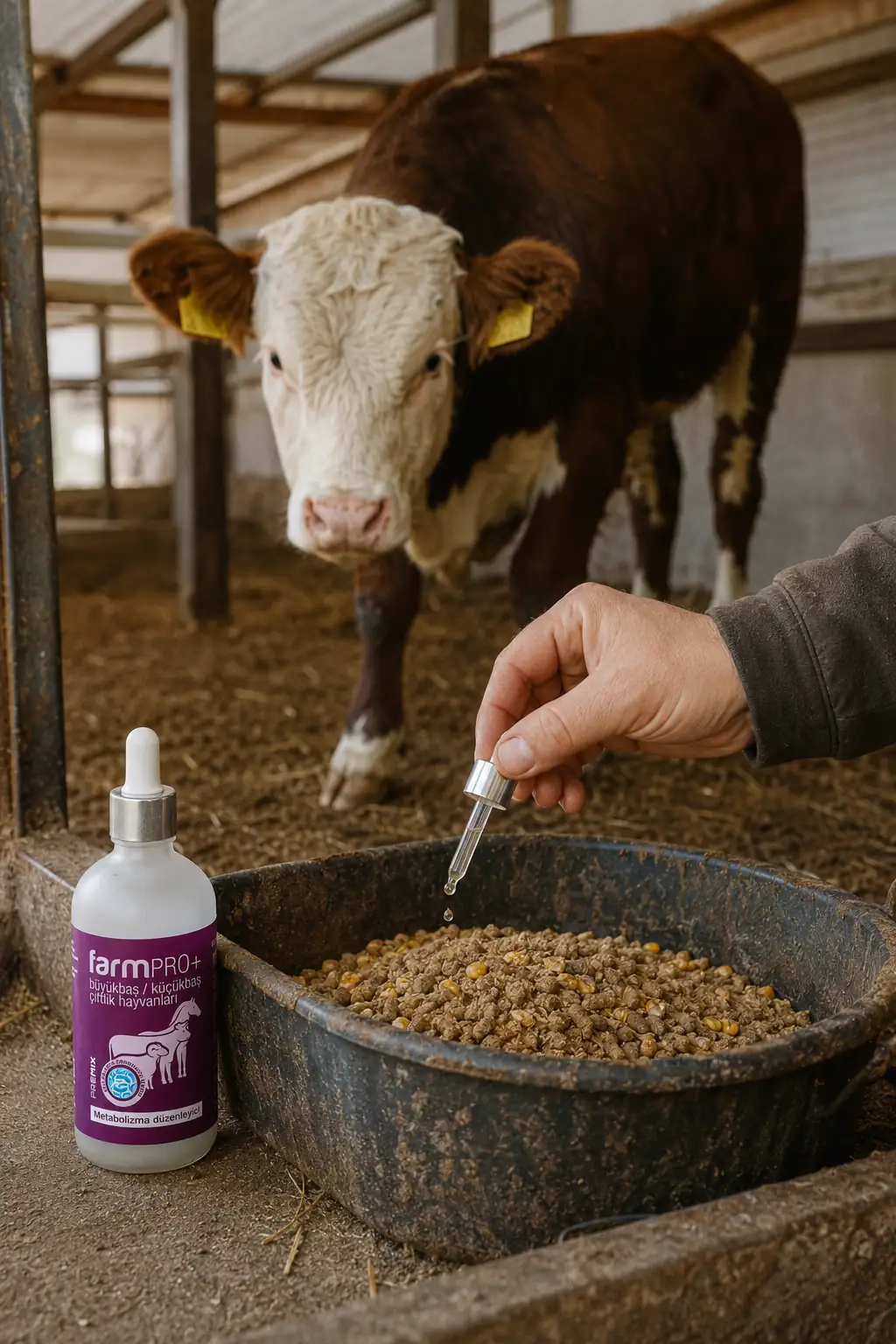 FarmPRO+ büyükbaş metabolizma düzenleyici damlalıkla yem teknesine / TMR üzerine katılırken — sığır